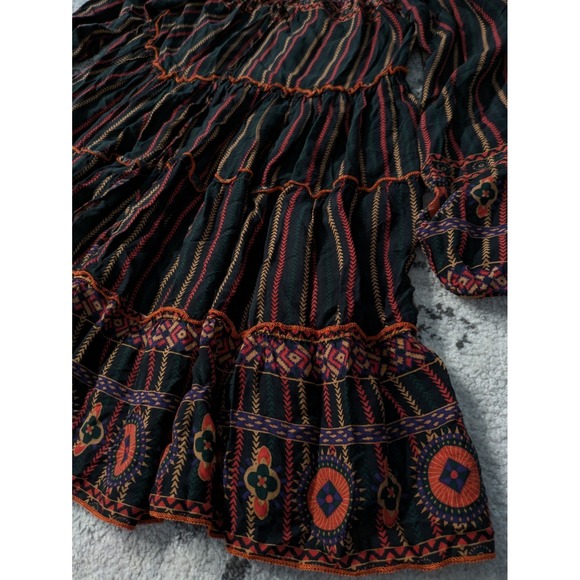 Peasant Tiered Off The Shoulder‎ Tunic Dress Black Orange - Picture 2 of 8